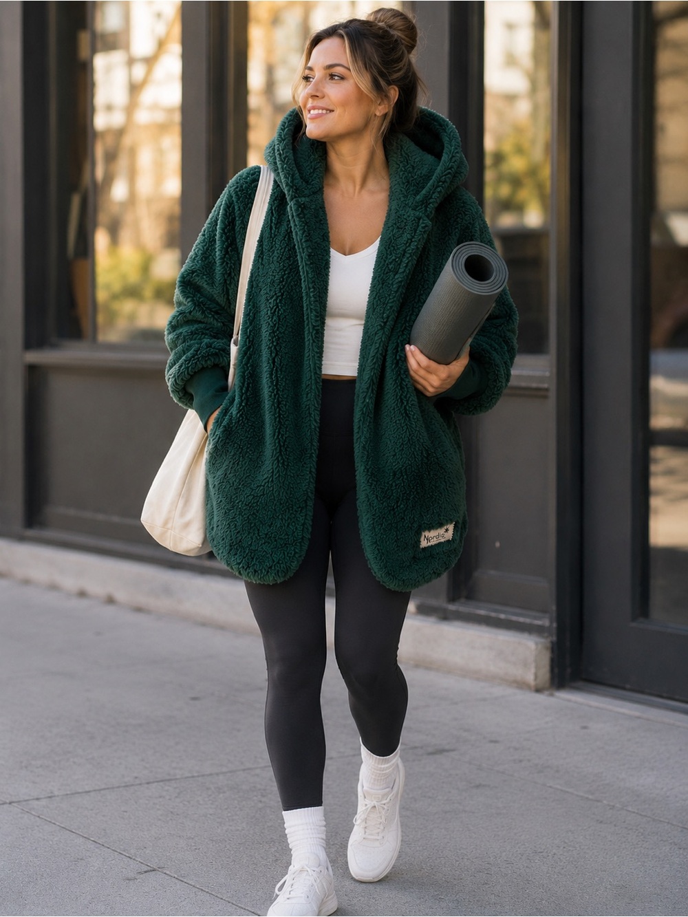 Nordic Beach Sherpa Fleece Jacket Dark Green Oversized Teddy Wrap Coat Cozy Chic